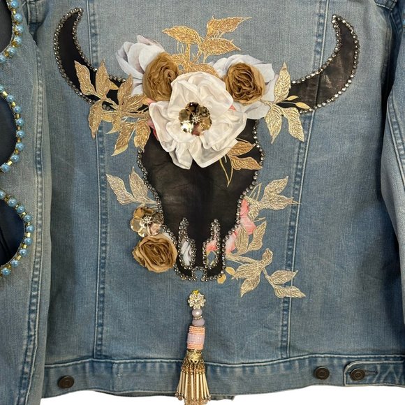 (H-219) Embellished Denim Jean Jacket Size L - Picture 4 of 12